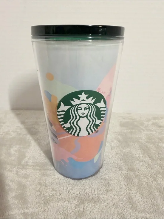 Starbucks Pastel Swirl Tumbler with Green Logo and Green Lid
