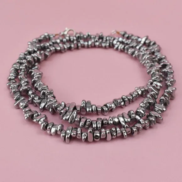 Super long silver hematite necklace boho, unique unusual stone necklace