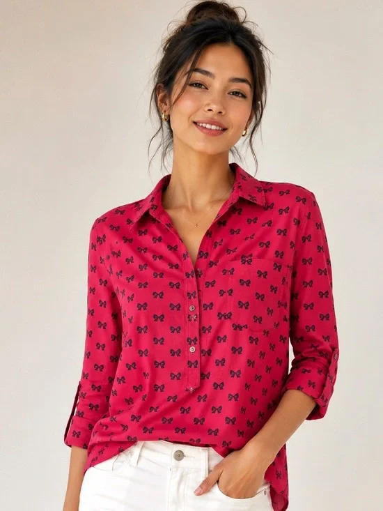 J. Crew cotton silk blend Fuchsia  Bow Print Button-Front Blouse 10