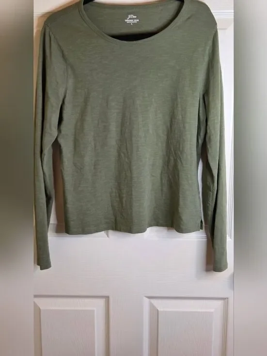 J.Crew L Olive /Sage Green 100% Organic Slub Cotton Lslv Women's Top T-shirt