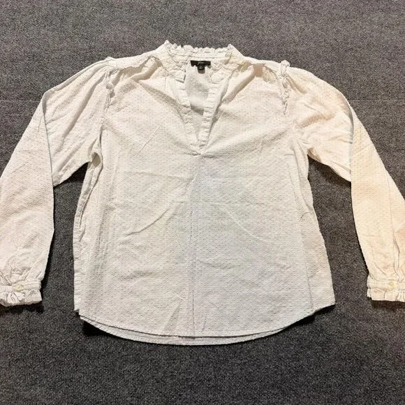 J.CREW Blouse Womens Medium White Swiss Dot V Neck Ruffle Long Sleeve Top