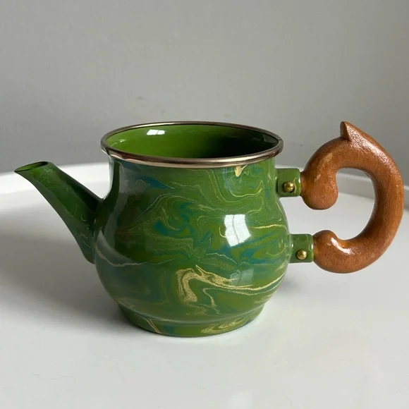 Vintage MacKenzie - Childs Victoria And Richard Green Enamel Teapot No Lid Woo