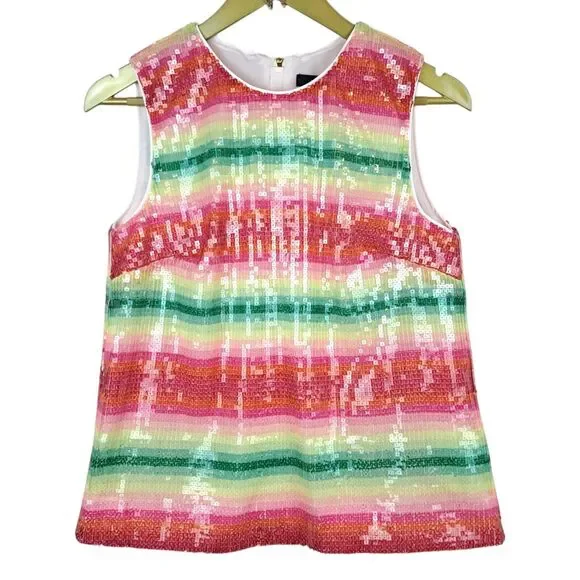 J Crew Watermelon Stripe Full Sequin Tank Sleeveless Top Size XS Bright