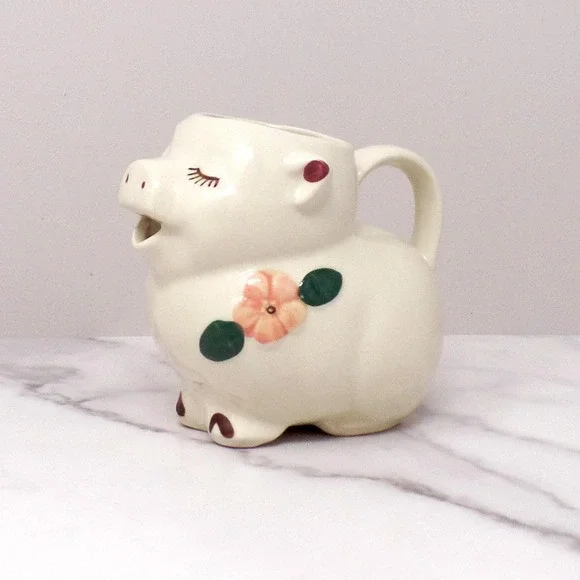 Vintage Shawnee Pottery Smiley Pig Creamer, Peach Flower (1940s-50s)