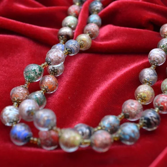 Vintage Murano Glass Bead Necklace Venetian Foil Aventurine Multi‎ Color