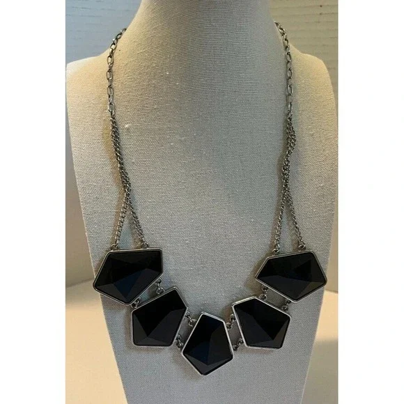 Chunky Black Geometric Statement Necklace Double Chain‎ Faceted Stones Edgy Glam
