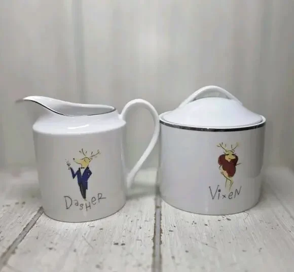 Vtg Pottery Barn Christmas Reindeer Dasher Vixen Creamer & Sugar Bowl Japan NIB