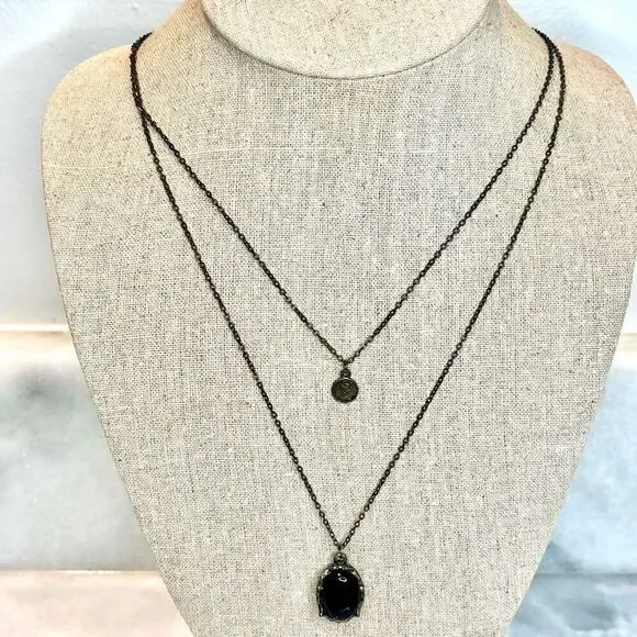 LA Double Strand Layered Stone & Metal Pendant Signed Necklace Bronze 28