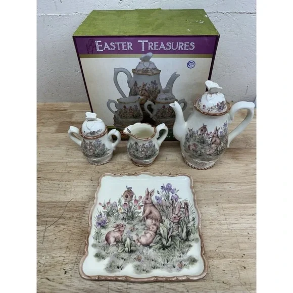 Cracker Barrel Easter Treasures Bunny Teapot Creamer Sugar Set Tray