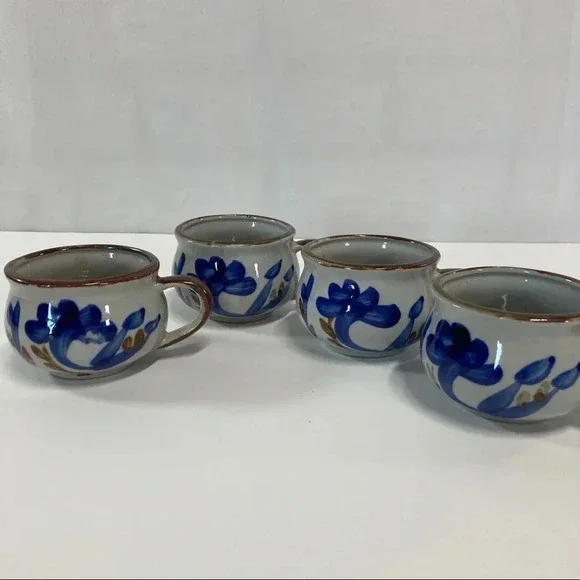 Hand painted Artisan Coffee Mugs Blue Floral Small Set of 4