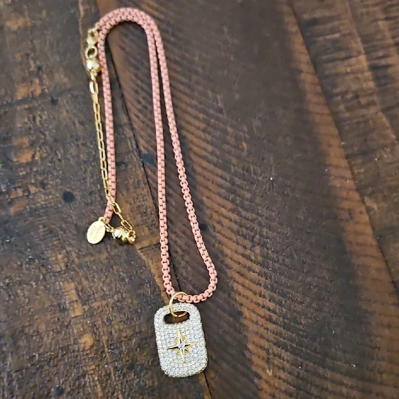Rose-Pink Cord Necklace with Pave Crystal Star Pendant