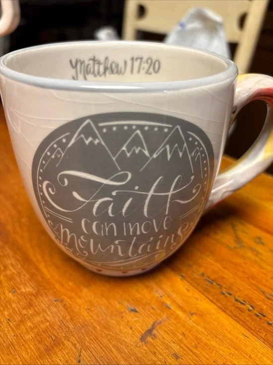 Faith Can Move Mountains Ceramic Coffee Mug - White & Gray