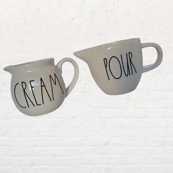 Rae Dunn Cream and Pour Pitchers/Mugs, White with Black Lettering, 3.5