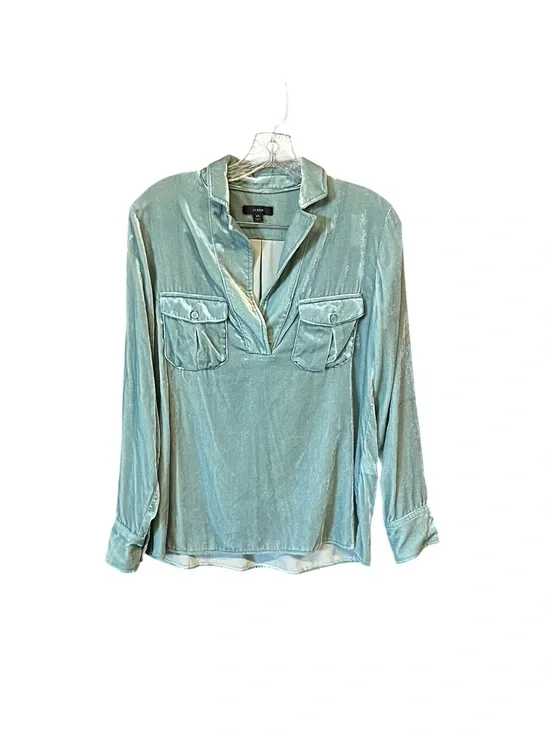 J.Crew Metallic Aqua Popover Blouse XS Long Sleeve Shimmer Career Party Top