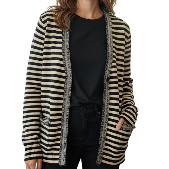 J. CREW‎ Harlow Wool Tan & Black Striped Fringe Trim Lightweight Cardigan Small
