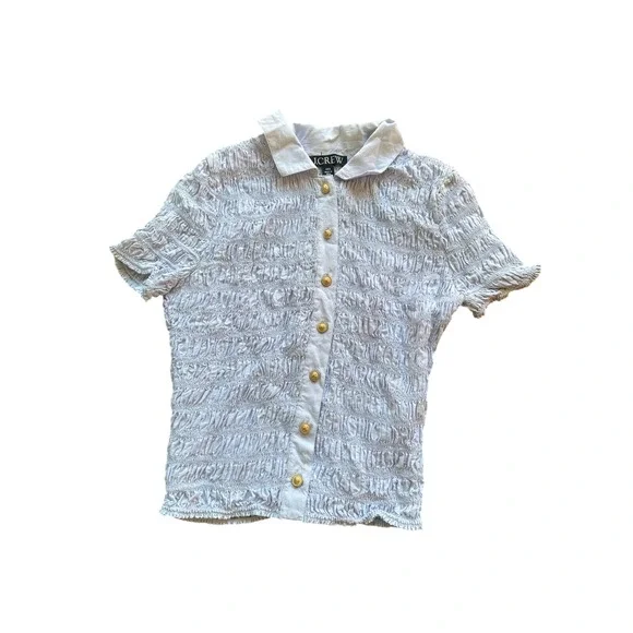 J.Crew Blue Smocked Short‎ Sleeve Button Up Top Gold Crest Buttons XXS