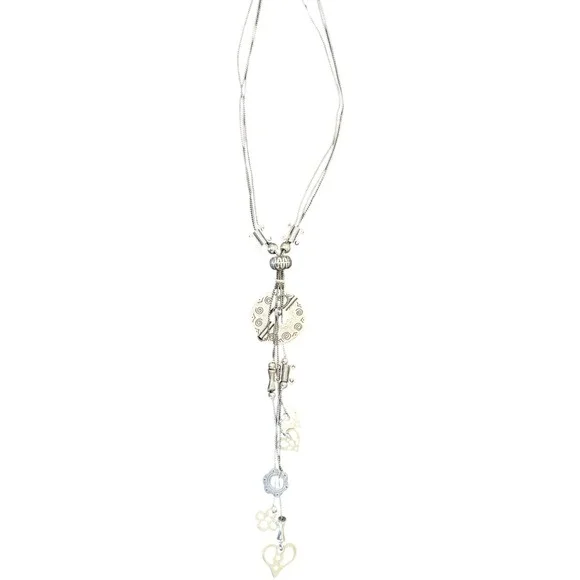 Boho Silver Tone Multi Strand Long Drop Necklace with Heart  Floral Charms Layer