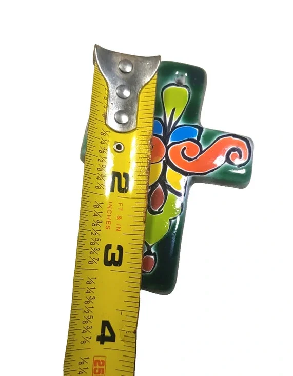 Ceramic Red Clay Cross Pendant Colorful Green Orange Mexico