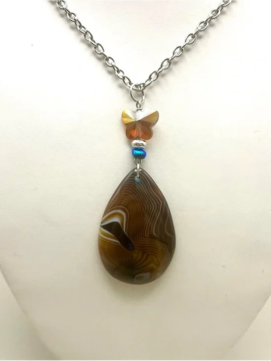 Natural Banded Agate Teardrop Statement Necklace - Earthy