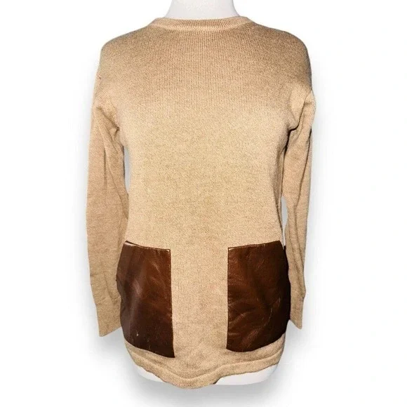 B1 J. Crew Merino Wool Faux Leather Pocket Tunic XS  Brown Swester‎ Crewneck