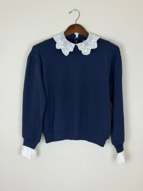J Crew Navy Long Sleeve Sweatshirt Lace Eyelet Collar & Cuff Detail Womens Small