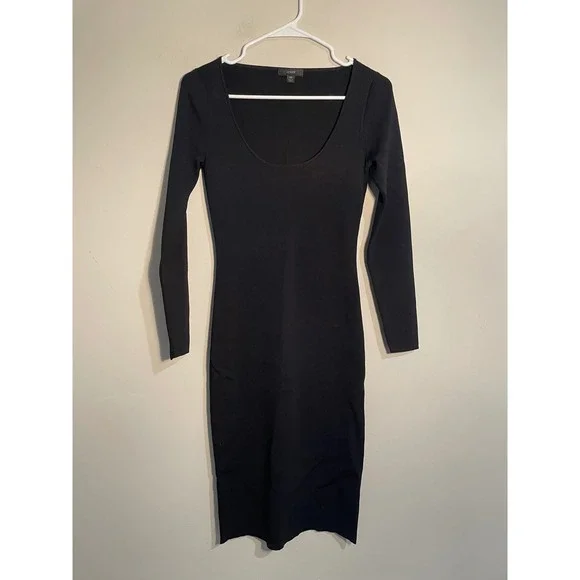 J.Crew Black Scoop Neck‎ Bodycon Long Sleeve Midi Dress Size XS