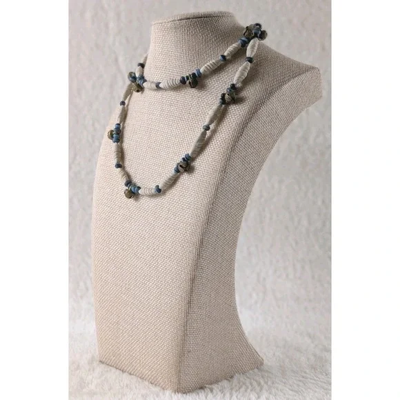 Artisan Boho‎ Necklace Spiral Beads Blue Accents Brass Bell Handmade Style