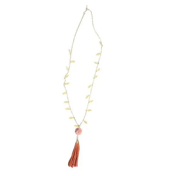 Gold Tone Leaf Charm Long Necklace with Pink Marbled Stone and Terracotta Tassel
