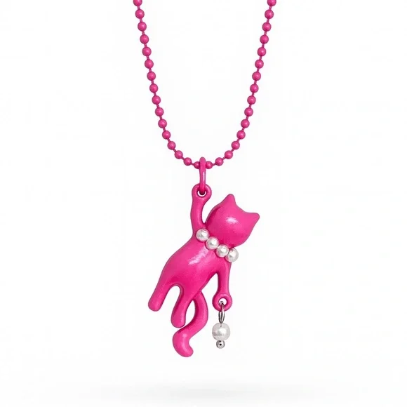 ⚜️ Pink Cat Necklace with Pearl Accents