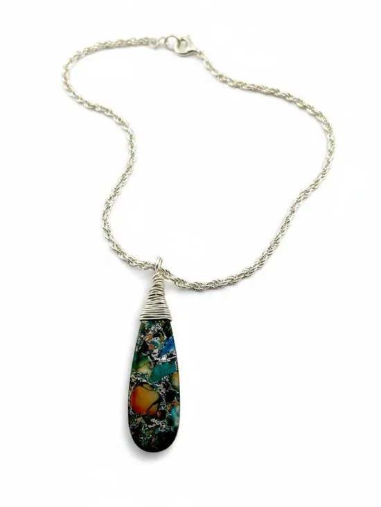 Ocean Blue Impressions Jasper Necklace Pyrite Wire Wrapped Pendant Handmade