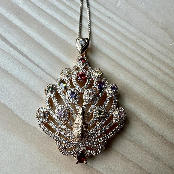 VTG Peacock Pendant Necklace 15 Inch Multi Lab Created Gems Sterling Italy Chain