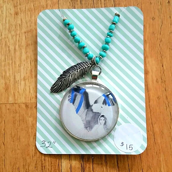 Handmade Original Design Necklace with Eagle Protecting Bride & Feather‎ Charm