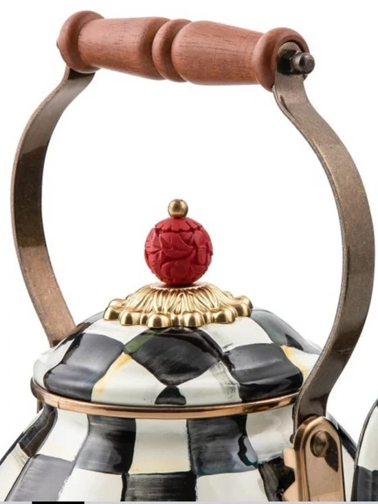 MacKenzie-Childs Black & White Check Teapot with Red Finial and Gold Accents