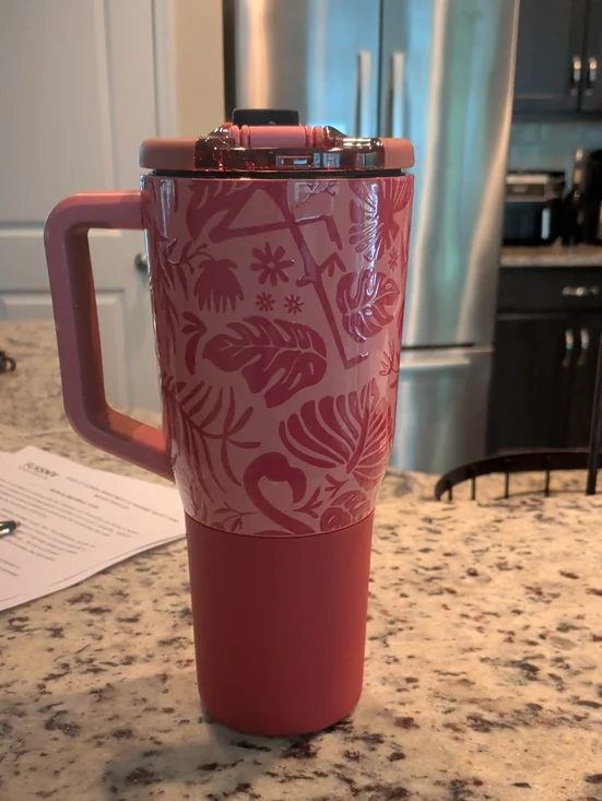 Insulated Pink Floral Travel Mug with Handle