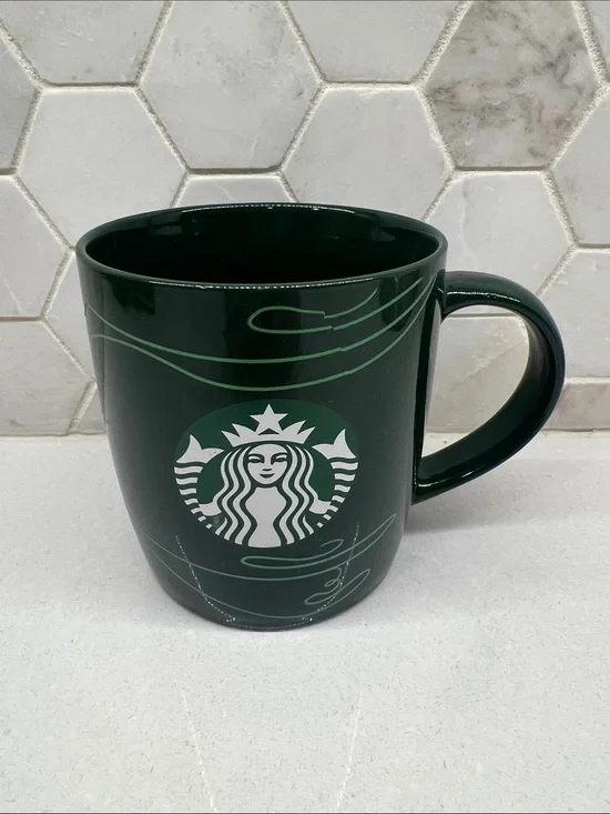 Starbucks Logo Squiggly Line Forest Green 12oz Ceramic Coffee Tea Cup Mug 2020