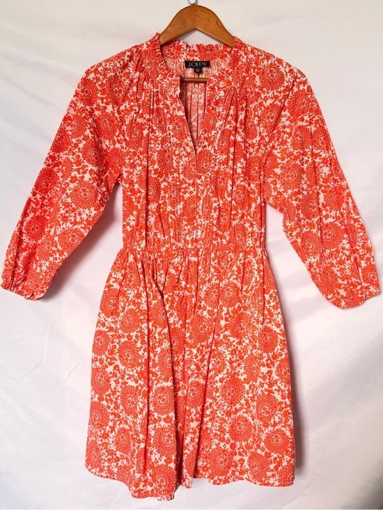 New J Crew Orange White Floral Poplin 100% Cotton Ruffle Collar Small Mini Dress