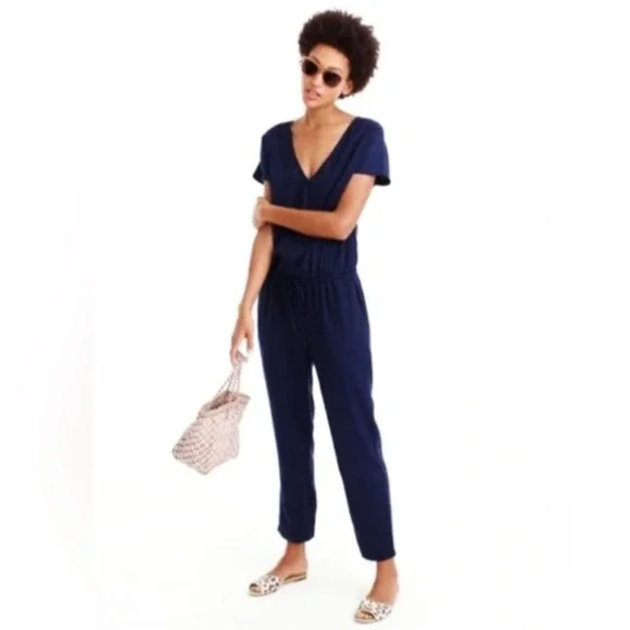 J.‎ Crew Women's Linen Blend Jumpsuit Size S Navy Short Sleeve V Neck Pockets