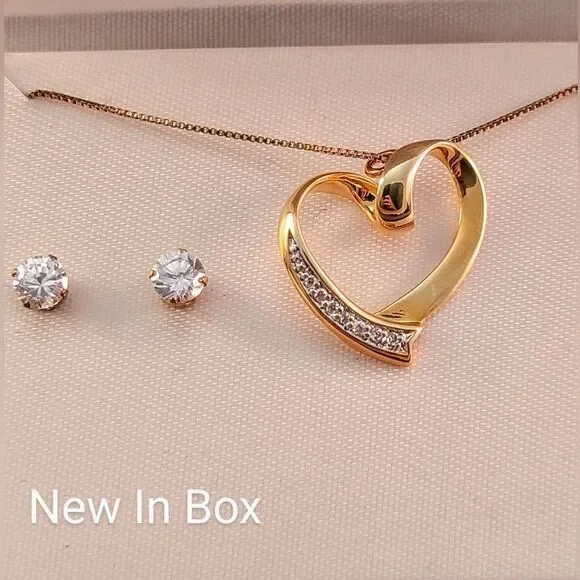 Gold Over Sterling Crystal Open Heart Pendant Necklace Earrings Set - New…