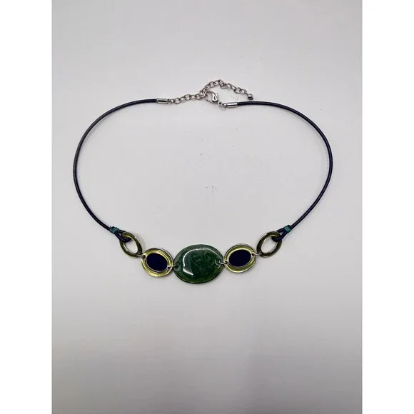Nine & Company Nine‎ West Green Navy Enamel Oval Cord Necklace NWT 16