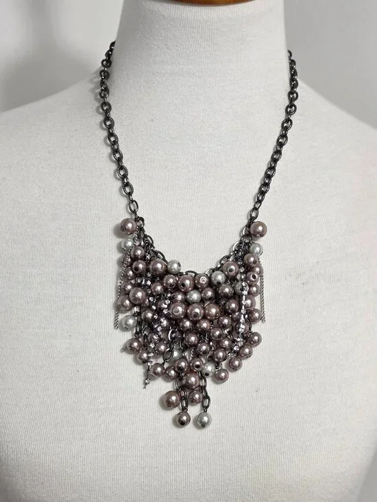 Simply Vera Wang Pearl Bead Bib Necklace Taupe & Gray with Rhinestone Drops