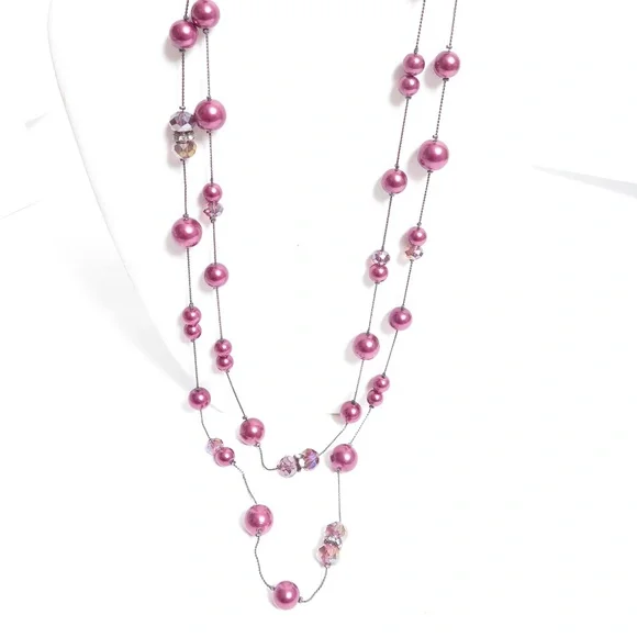 Coldwater Creek‎ Plum Purple Faux Pearl and Crystal Long Strand Necklace 36in