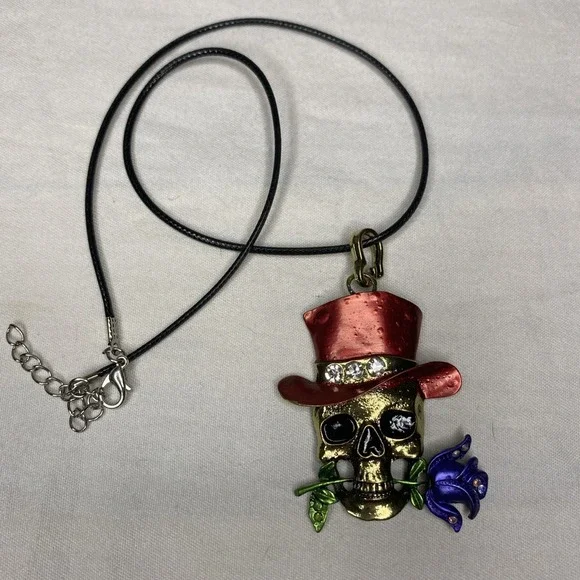 Skull Necklace Red Top Hat Rose Pendant Gothic‎ Halloween Costume Jewelry New