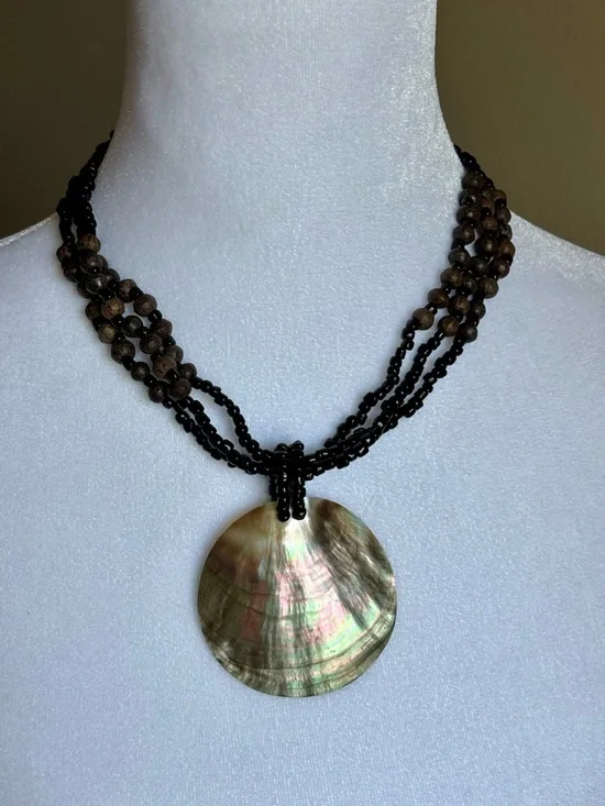 Abalone Pendant Statement Necklace Multi Strand Beaded Boho Style