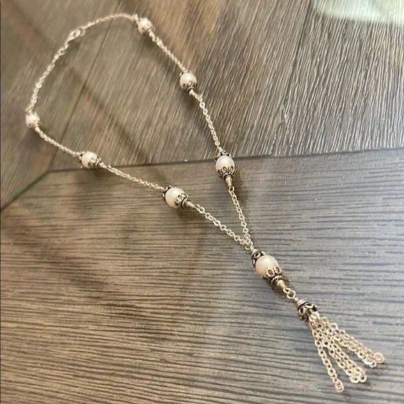 Vintage 925 Sterling Silver Real Pearl & Tassel Chain Necklace 16 1/2”