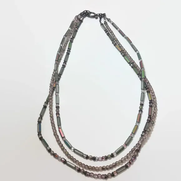 Gray Iris Tube & Round Bead Multi-Strand Necklace With Silver Tone Bead Caps