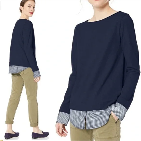 J. Crew Mercantile Navy‎ Blue Gingham Layered Boatneck Tee S