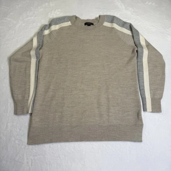 J. Crew Sweater Womens Large Tan Merino Wool Striped Sleeve A2803‎