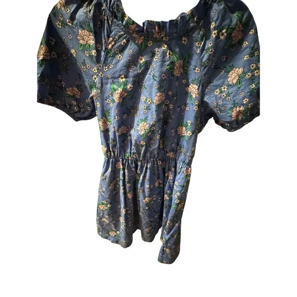 J Crew Blue Floral Puff Sleeve Smocked Waist Tie Back Romper Size‎ 2