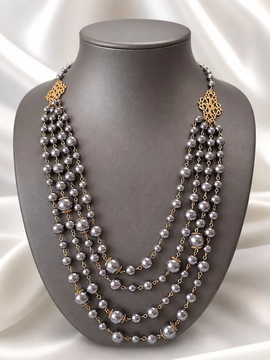 Multi-Strand Gray Pearl Statement Necklace with Gold Accents