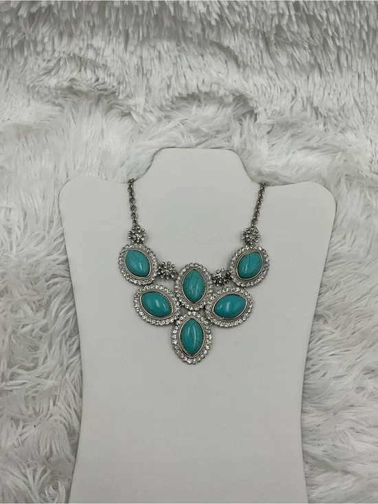 Turquoise Cabochons Statement Bib Necklace Silver Tone Rhinestone